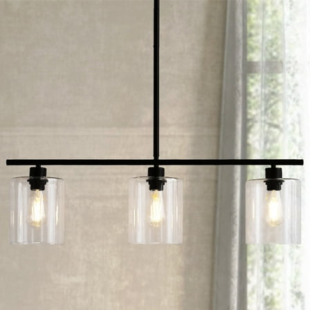 LOHASLED 3-Light Modern Linear Pendant Light with Clear Seeded Glass Shade,Matte Black Kitchen Island Hanging Light for Kitchen Living Room Dining Room Bedroom