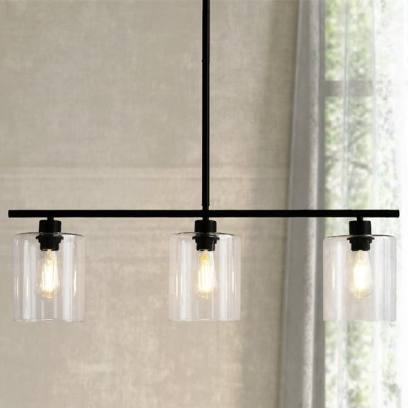 LOHASLED 3-Light Modern Linear Pendant Light with Clear Seeded Glass Shade,Matte Black Kitchen Island Hanging Light for Kitchen Living Room Dining Room Bedroom