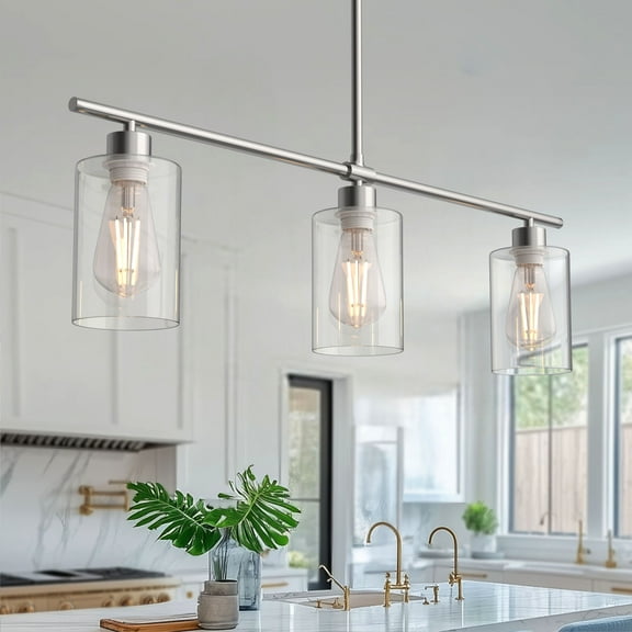 LOHASLED 3-Light Silver Pendant Kitchen Island Lighting, Clear Glass Shade, Brushed Nickel Lamp Hanging Light Fixture for Dining Room, Living Room