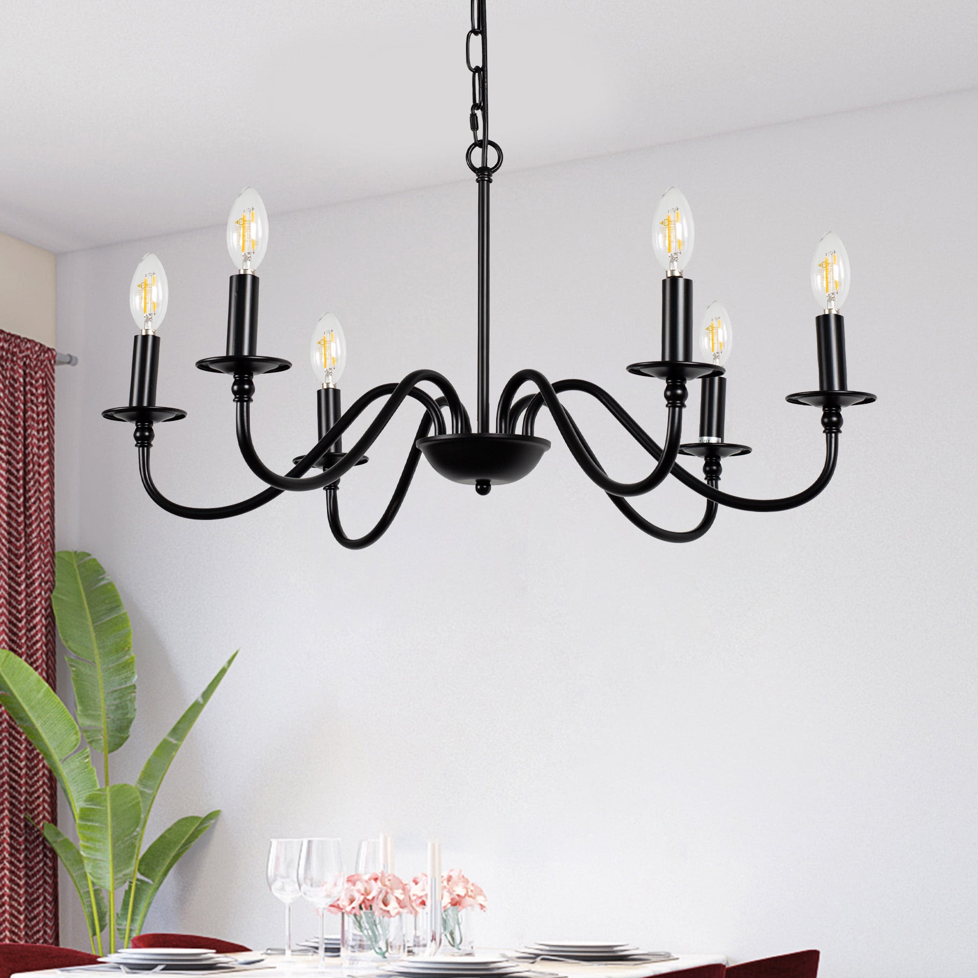 Black Metal 6-Light Candle Chandelier with Adjustable Chain