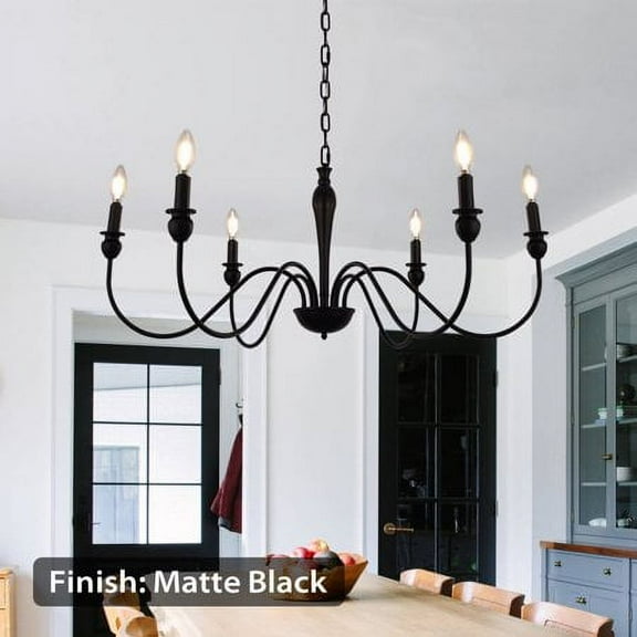 LOHASLED 6-Light Matte Black Farmhouse Chandelier, Classic / Traditional Candle Hanging Light Fixtures,Celling Light for Dining Room Living Room Kitchen Island