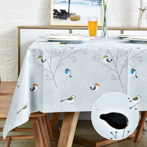 LOHASCASA Vinyl Oilcloth Tablecloth Oblong Spillproof Waterproof Wipeable Thick PVC Plastic Oblong Tablecloths for Dining Table Eid Tablecloths - Bird Silver Grey 54 x 84 Inch