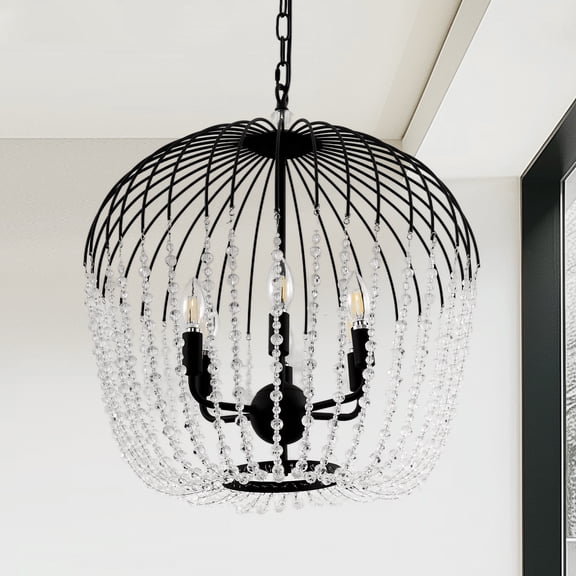 LOHASLED 19.29in 6-Light Crystal Chandelier, Black Pendant Light with Adjustable Chain for Sloped Ceilings, E12 Bulb Base (Bulbs Not Included), Modern Hanging Ceiling Light Fixture for Living Room Di