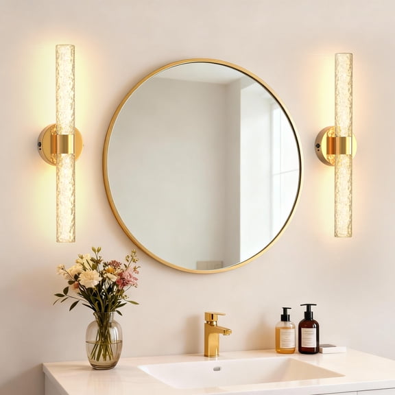 LOHASLED 21.3 in Gold Touch Wall Sconce Lighting, Stone Patterned Glass Covered Strip Indoor Wall Lights, Integrated LED Rechargeable Wall Sconce for Living Room Bedroom Hallway, 2-Pack