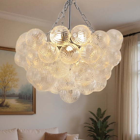 LOHASLED 24W RGBWC LED Bubble Chandelier, Chrome Pendant Light with Adjustable Chain for Sloped Ceilings, Remote Control Dimmable, 16.7in Modern Hanging Ceiling Light Fixture for Living Room, Bedroom