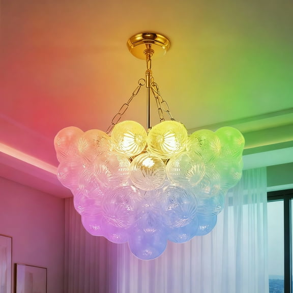 LOHASLED 24W RGBWC LED Bubble Chandelier, Gold Pendant Light with Adjustable Chain for Sloped Ceilings, Remote Control Dimmable, 16.7in Modern Hanging Ceiling Light Fixture for Living Room, Bedroom