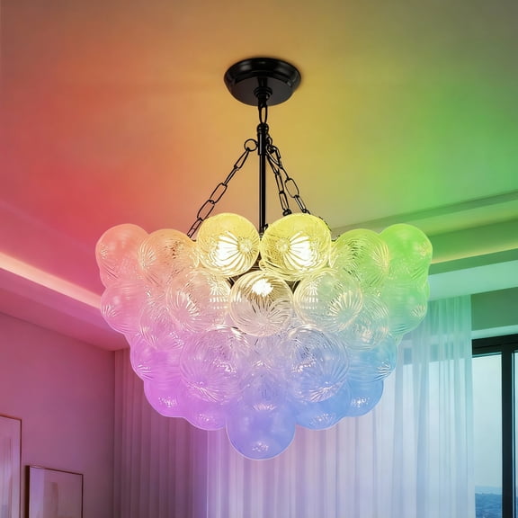 LOHASLED 24W RGBWC LED Bubble Chandelier, Matte Black Pendant Light with Adjustable Chain for Sloped Ceilings, Remote Control Dimmable, 16.7in Modern Hanging Ceiling Light Fixture for Living Room, Be