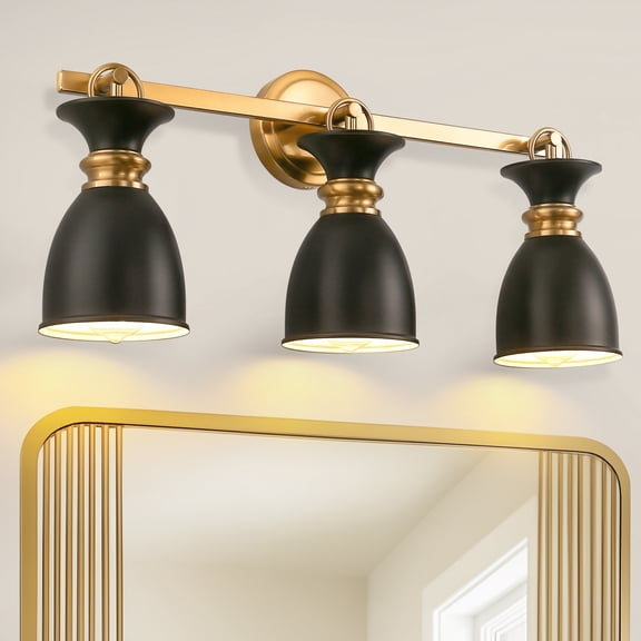 LOHASLED 25" 3-Light Bell Shade Vanity Light with Metal Ring, Gold & Black, E26 Base for Bathroom Mirror, Makeup Vanity (Bulbs Not Included)