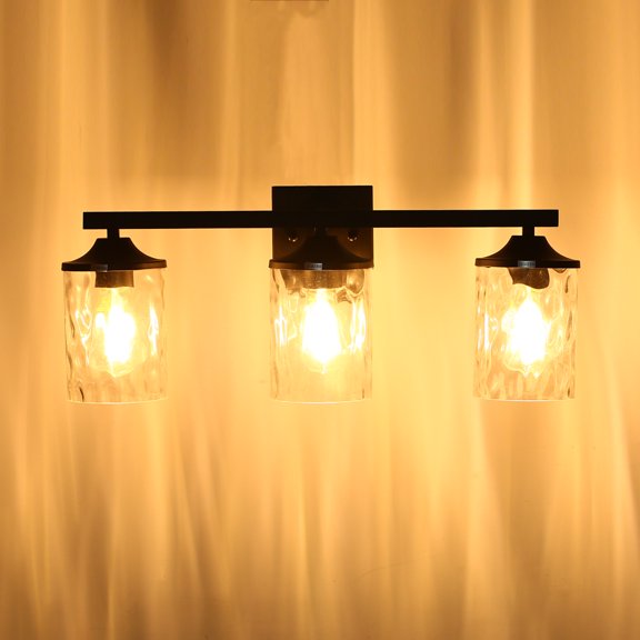LOHASLED 3-Light Bathroom Light Fixtures, Vanity Lights Over Mirror Black Finish with Hammered Glass, Industrial Wall Light Fixture Suitable for Living Room Porch Kitchen