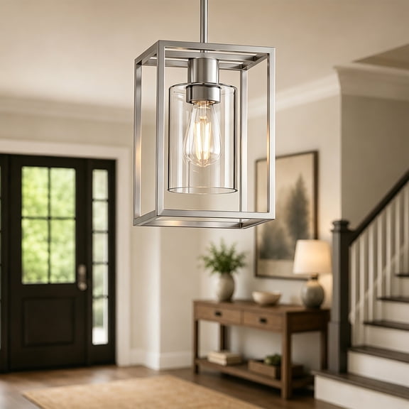 LOHASLED 3-Pack 6.7" 1 Light Brushed Nickel Lantern Pendant Lights Adjustable Hanging Ceiling Lamp with Clear Glass, Sloped Ceiling Compatible for Kitchen Island Dining Room