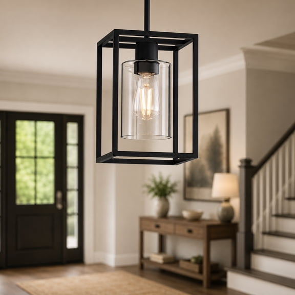 LOHASLED 3-Pack Matte Black Lantern Pendant Lights, Adjustable Farmhouse Hanging Ceiling Lamp with Clear Glass, E26 for Kitchen Island Dining Room