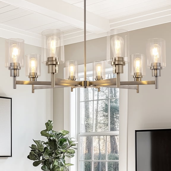 LOHASLED 31.49" Modern Linear Chandelier, 8-Light Brushed Nickel with Glass Cylinders, Adjustable Height, E26 Base(Not Included) Candle Style Pendant Light for Dining Room Kitchen Island