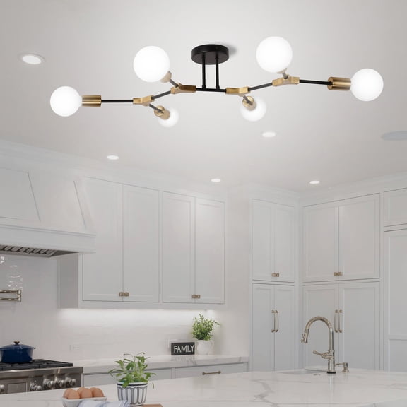 LOHASLED 31.5 Inch 6-Light Industrial Semi Flush Mount Ceiling Light, Black & Gold Frame with E26 Base for Bedroom, Living Room, Hallway