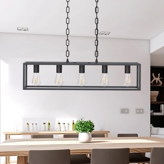 LOHASLED 5-Light Dimmable Rectangle Chandelier for Kitchen Islands Modern Rustic Design with Matte Black Frame Perfect for Dining Rooms, Living Spaces & Breakfast Nooks