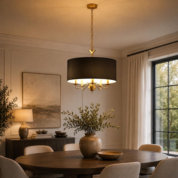 LOHASLED 5-Light Drum Chandelier with White Shades, E12 Base, Curved Arm Pandent Light Fixture, Bulbs Not Included