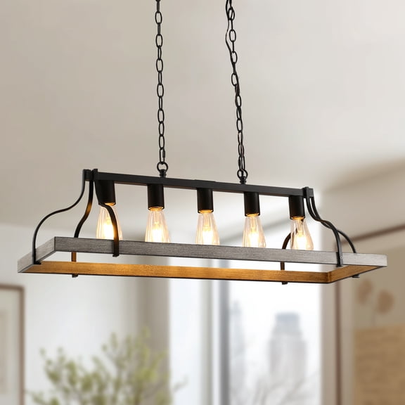 LOHASLED 5-Light Island Chandelier, 34.6" Farmhouse Wood & Metal Pendant Light, E26 Bulb Base (Bulbs Not Included), Adjustable Height, Grey & Black Finish, for Kitchen, Dining Room, Living Room