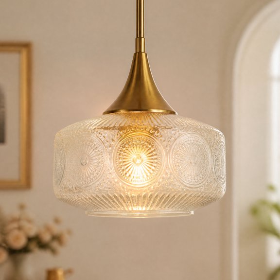 LOHASLED 9.3" 1-Light Gold Pendant Light, Fluted Clear Glass Shade Adjustable Height Mid-Century Modern Fixture for Kitchen Island Dining Room No Bulb Included