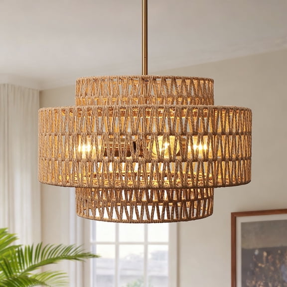 LOHASLED Boho Rattan 4-Light Chandelier, Hand Woven Wicker Farmhouse Pendant Light, Rope Hanging Ceiling Fixture with E26 Base, Adjustable Height for Dining Kitchen Living Bedroom
