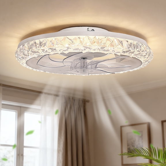 LOHASLED Modern 19 in Ceiling Fan with Light, Remote Control, Crystal Design, Adjustable Color & Fan Speed, Flush Mount for Bedroom, Living Room, Office