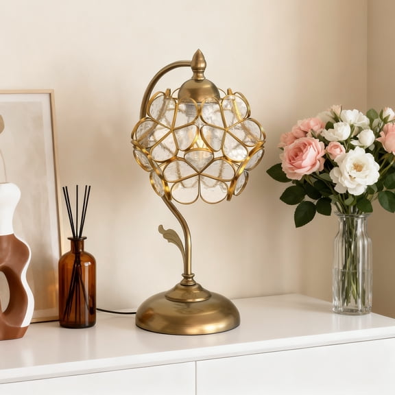 LOHASLED Tiffany Style Table Lamp, Pearl White Stained Glass Flower Shade, Gold Base, 16.5" H, E26 Socket Perfect for Bedroom & Living Room