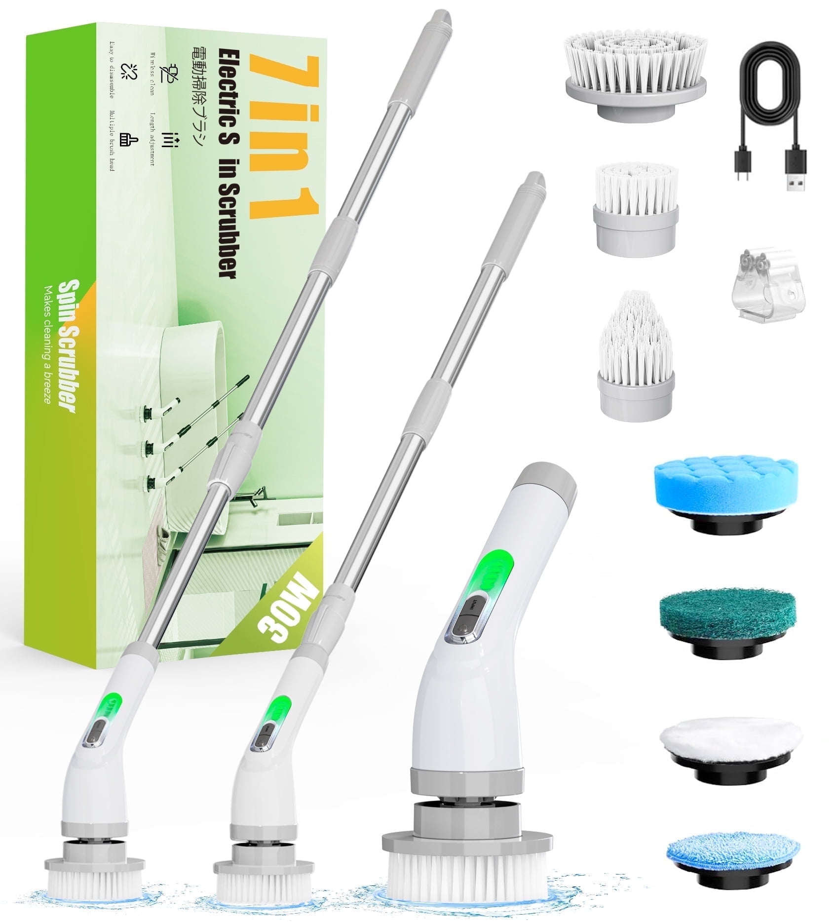 SZRSTH Electric Spin Scrubber 450RPM Cordless Power Scrubber with Adjustable Handle 8 Heads Shower Cleaning Brush for Bathroom Floor