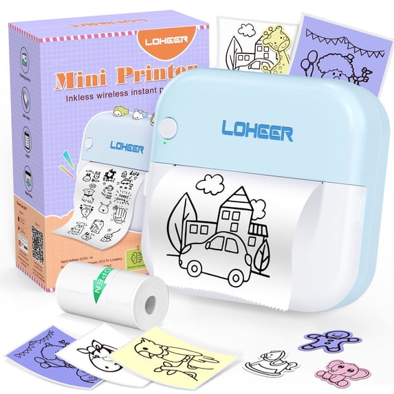 LOHEER Mini Printer, Portable Thermal Printer Bluetooth Inkless Sticker Maker for Notes Journal, DIY