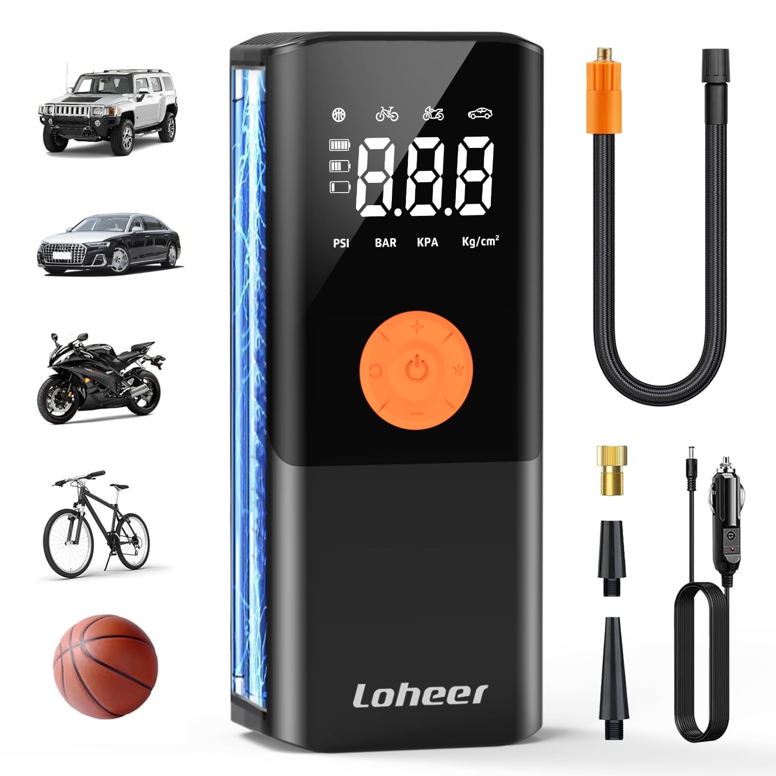 Loheer Tire Inflator Portable Air Compressor, Air Pump for Car Tires 150PSI Cordless with Battery and 12V DC, Electric Bike Pump with Pressure Gauge, Auto Shutoff