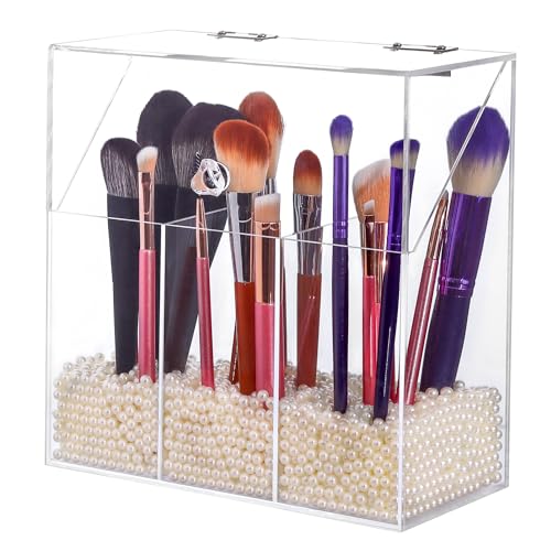 LOHRYVIO Acrylic Makeup Brush Holder with Lid Clear Cosmetic Make up