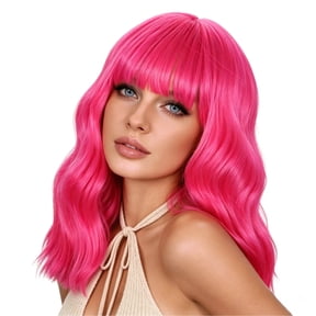 LOHXINHAIR Bob Wig Rose Red Synthetic Hair Loose Wavy Shoulder Length Wig