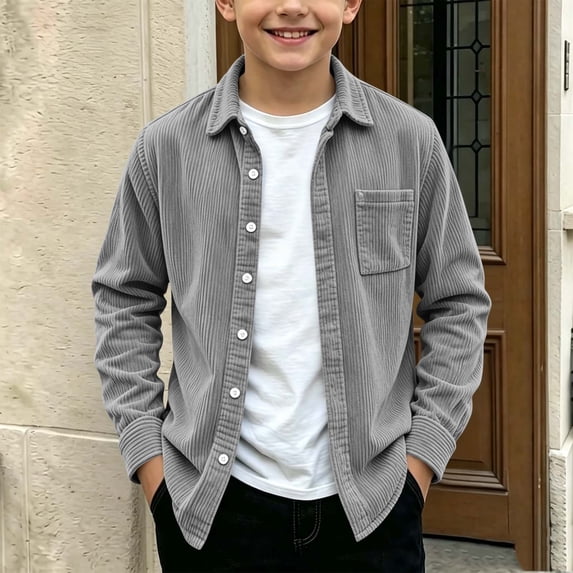 LOINRODI Boys Button Down Shirt Jacket, Long Sleeve Chest Pocket Turn‑down Collar Relaxed Fit Solid Corduroy Overshirt Fall Winter Layering Top Gray Size 10-11