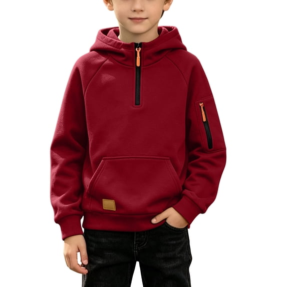 LOINRODI Boys Half Zip Hooded Sweatshirt, Raglan Sleeve Zip Arm Pocket Pullover Fleece Lined Casual Long Sleeve Fall Street Pullover Hoodie Wine Size 10