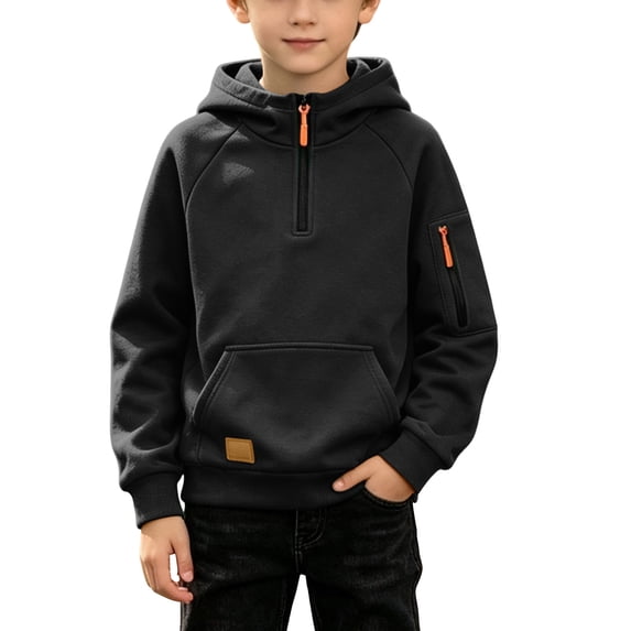 LOINRODI Boys Half Zip Hooded Sweatshirt, Zip Arm Pocket Fleece Lined Pullover Raglan Sleeve Casual Long Sleeve Fall Street Pullover Hoodie Black Size 10