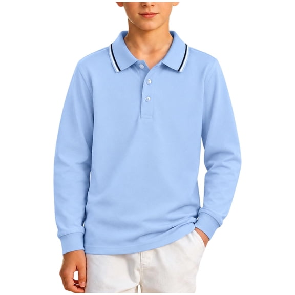 LOINRODI Boys Long Sleeve Polo Shirts, Button Placket Regular Fit Preppy Striped Collar Kids Back To School Fall Uniform Tops Blue Size 12-13