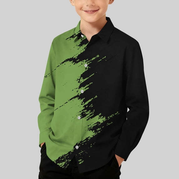 LOINRODI Boys' Long-Sleeve Shirt Bold Brushstroke Print Button Down Spring and Fall Collar Casual Tops for Kids Green 7-8 Years