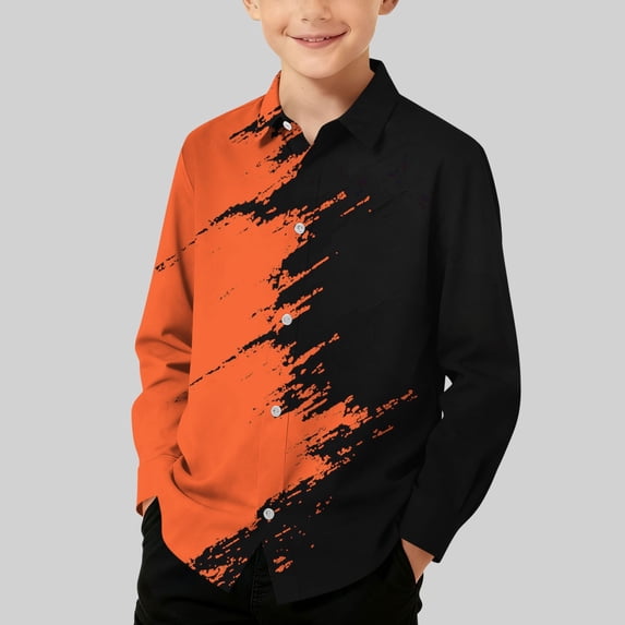 LOINRODI Boys' Long-Sleeve Shirt Spring and Fall Button Down Bold Brushstroke Print Collar Casual Tops for Kids Orange 9-10 Years