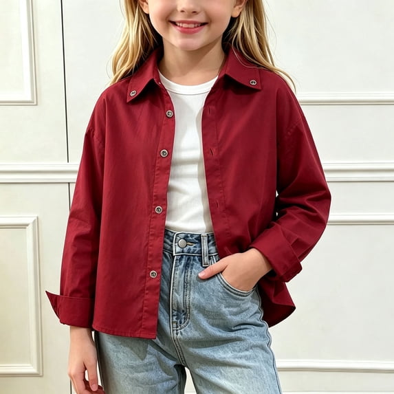 LOINRODI Girls Button Down Shirt Jacket, Relaxed Fit Long Sleeve Button Front Lapel Collar Basic Solid Fall Kids Shirts Red Size 9-10