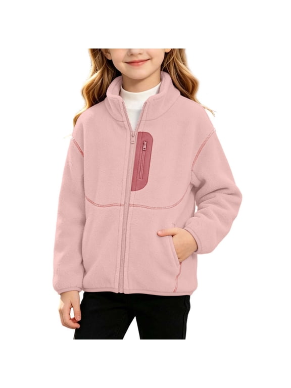 Girls Color Block Zip Up Fleece Jacket Stand Collar Zip Up Warm Pocket Breathable Outerwear for Kids Pink 8-9 Years