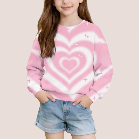 LOINRODI Girls Graphic Pullover Sweatshirt, Relaxed Fit Long Sleeve Stretchy Crewneck Cute Printed Fall Transition Outfits Pink Size 7-8