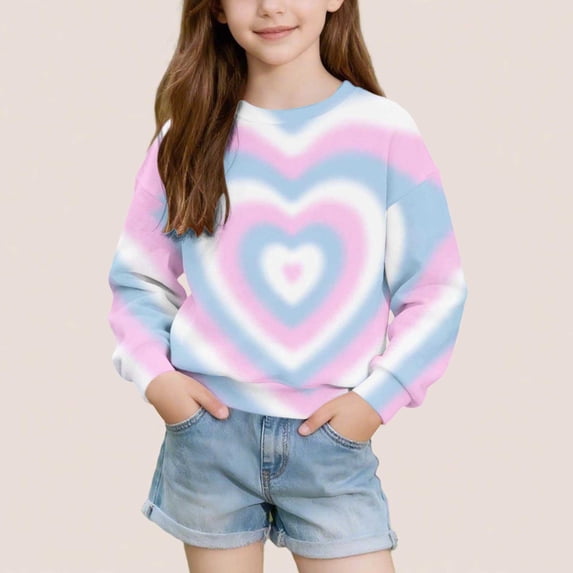 LOINRODI Girls Heart Graphic Pullover Sweatshirt, Relaxed Fit Stretchy Long Sleeve Crewneck Playful Fashion Fall Transition Tops Blue Size 7-8