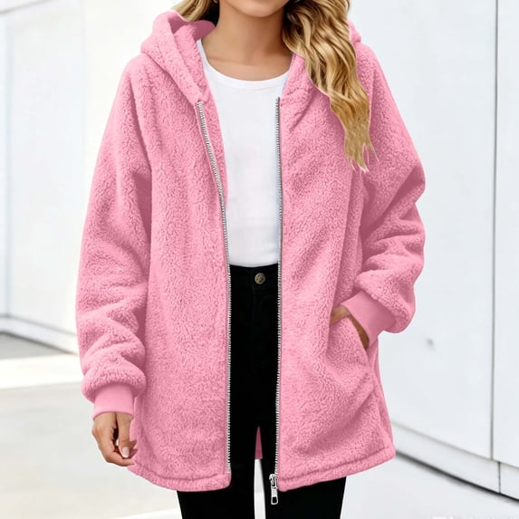 LOINRODI Girls Hooded Fleece Jacket, Long Sleeve Loose Fit Pockets Full Zip Mid Length Casual Fall Winter Outerwear Pink Size 7-8