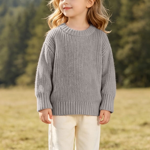LOINRODI Girls Knit Pullover Sweater, Long Sleeve Relaxed Fit Thick Knit Crewneck Basic Warm Fall Winter Top for Daily Wear Gray Size 3 T