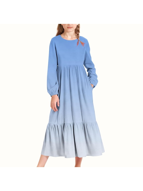 Girls Long-Sleeve Tiered Maxi Dress Pockets Design Spring Fall Soft Gradient Colors Girls' Casual Dresses Blue 13