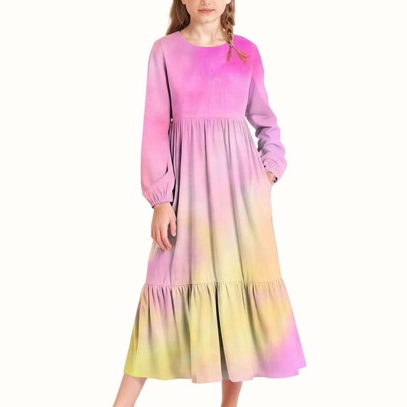 LOINRODI Girls Long-Sleeve Tiered Maxi Dress Pockets Design Spring Fall Soft Gradient Colors Girls' Casual Dresses Hot Pink 14
