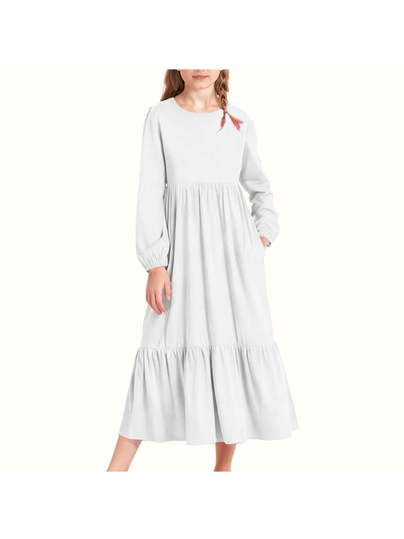 Girls Long-Sleeve Tiered Maxi Dress Pockets Design Spring Fall Soft Solid Colors Girls' Casual Dresses White 13