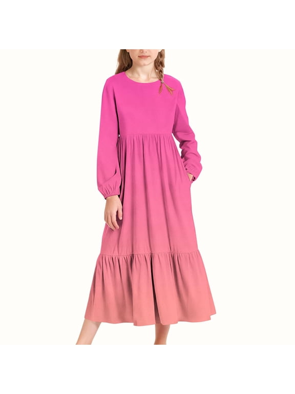 Girls Long-Sleeve Tiered Maxi Dress Soft Pockets Design Spring Fall Gradient Colors Girls' Casual Dresses Pink 4-14 Years