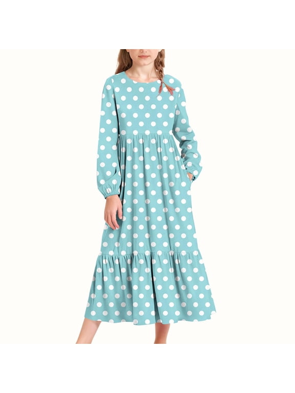Girls Long-Sleeve Tiered Maxi Dress Soft Pockets Design Spring Fall Polka Dot Patterns Girls' Casual Dresses Light Blue 6