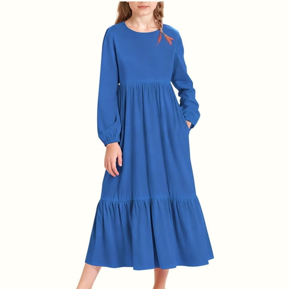 LOINRODI Girls Long-Sleeve Tiered Maxi Dress Soft Pockets Design Spring Fall Solid Colors Girls' Casual Dresses Navy 4-14 Years