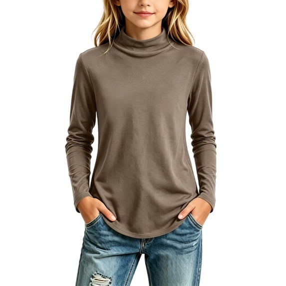LOINRODI Girls Mock Turtleneck Top, Layering Curved Hem Stretch Long Sleeve Basic Warm Base Layer for Cool Weather Brown Size 5-6