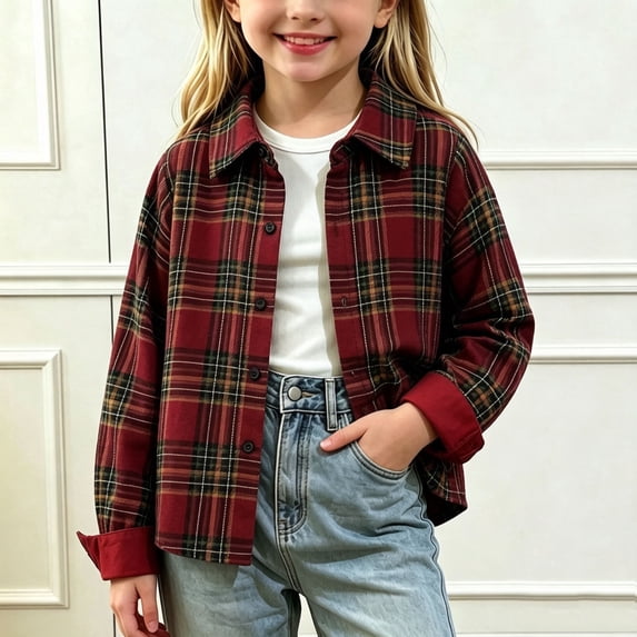 LOINRODI Girls Plaid Shirt Jacket, Button Down Long Sleeve Lapel Collar Relaxed Fit Vintage Checkered Kids Fall Outerwear Wine Size 9-10