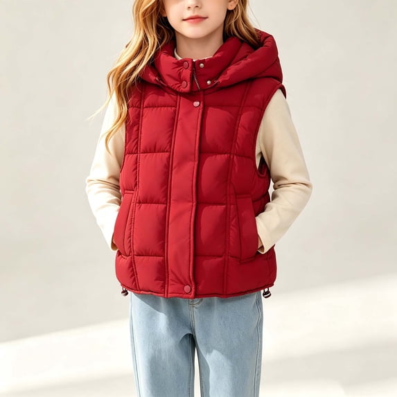 LOINRODI Girls Puffer Vest, Hooded Quilted Sleeveless Snap Button Warm Padded Outerwear for Cold Weather Red Size 12-13
